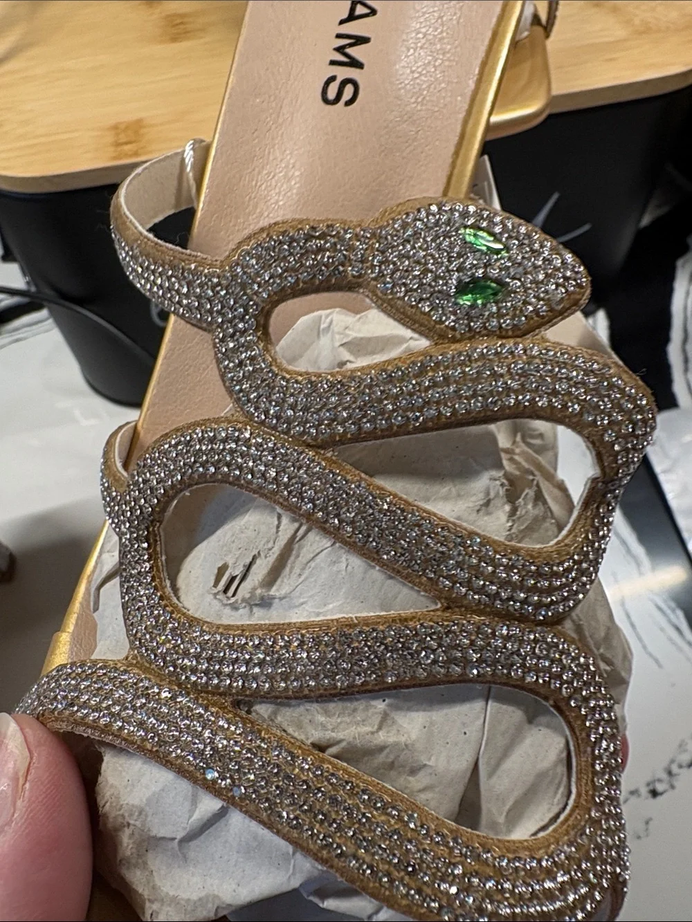 J. Adams Gold Crystal Snake Slide Heels